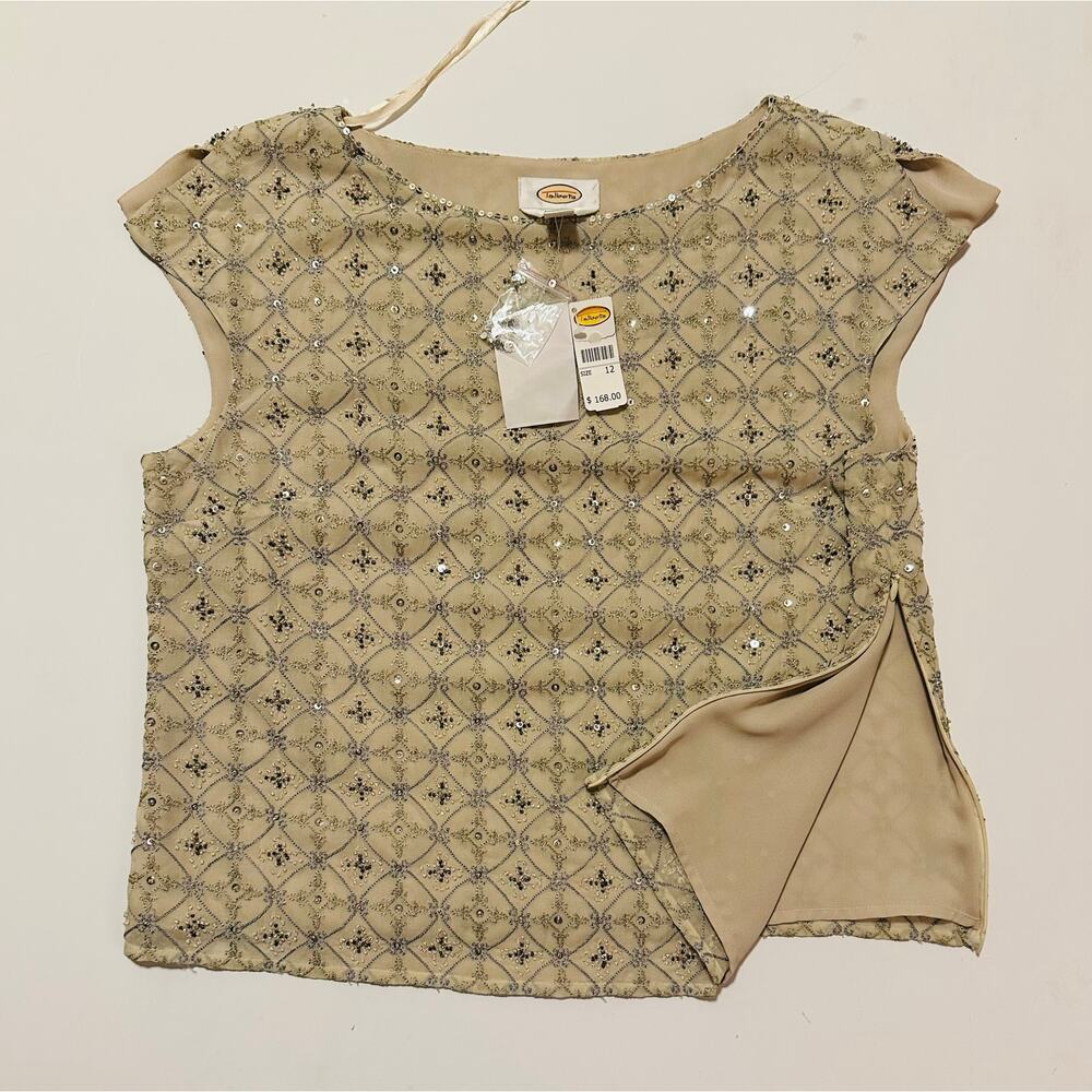 Talbots embroidered beaded silk short sleeve top cream size 12 NWT designer Vacy